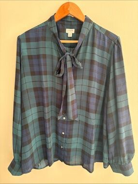 J. Crew Blue and Green Plaid Bow Tie Blouse